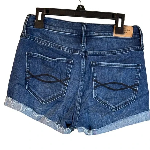 Abercrombie & Fitch Denim 4 Dark Blue Rolled Hem Frayed High Rise Mom Short 2.5" - Picture 2 of 10